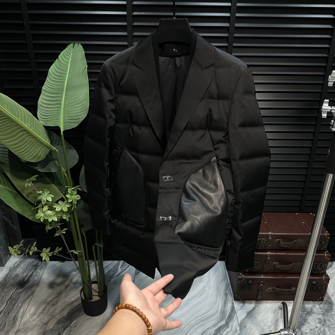 【白鹅绒】欧货冬季高品质桑蚕丝混纺双层西服领拼羊皮鹅绒服一手长