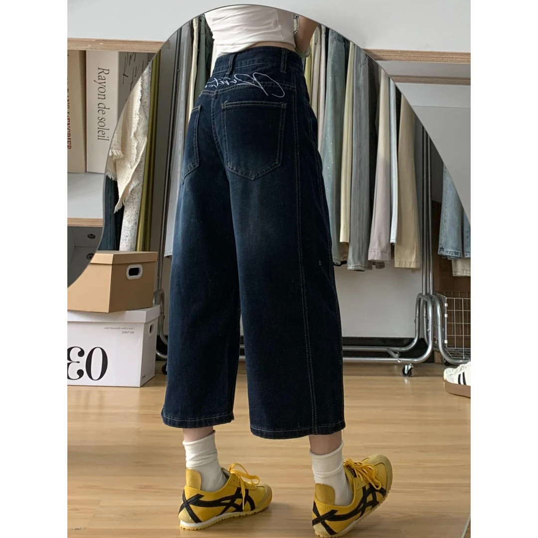 大码水洗阔腿七分牛仔裤女夏季新款美式复古刺绣拼接设计感热裤潮