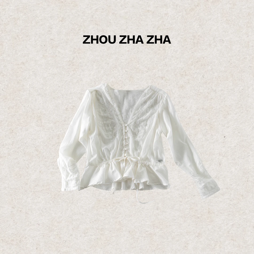 【周炸炸】法式慵懒风提花盘口长袖休闲时尚T恤上衣衬衫#253560