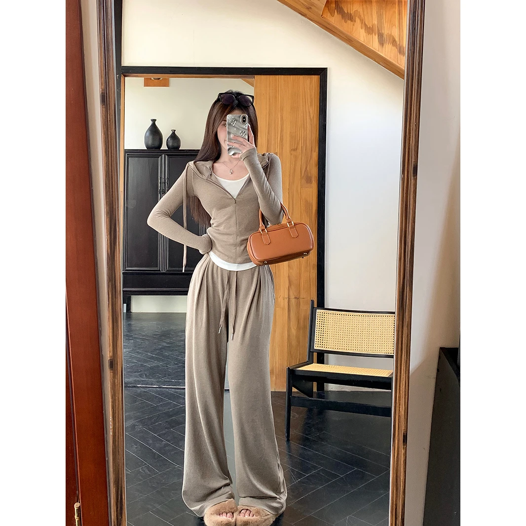 撞色假两件拼接长袖针织衫女秋季休闲套装慵懒高腰阔腿长裤两件套