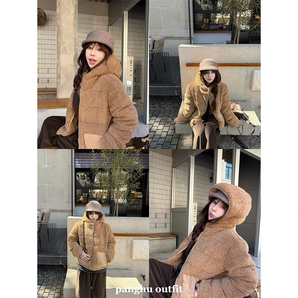panghu2025FW【软心面包】千金感羊羔绒连帽短款四合扣羽绒服外套