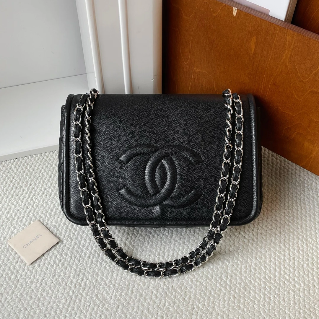 99新 Chanel/香奈儿 黑银荔枝牛浮雕大logo BJM20-0310