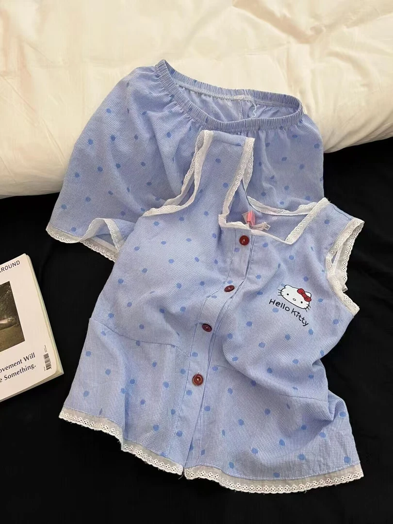 纯棉韩版甜美可爱蕾丝花边带胸垫睡衣女夏季新款背心短裤家居服