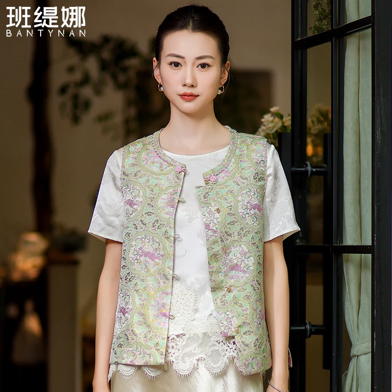 [紫黛]蜀锦双面双穿提花马甲马夹中国风复古百搭薄款女民族风提花