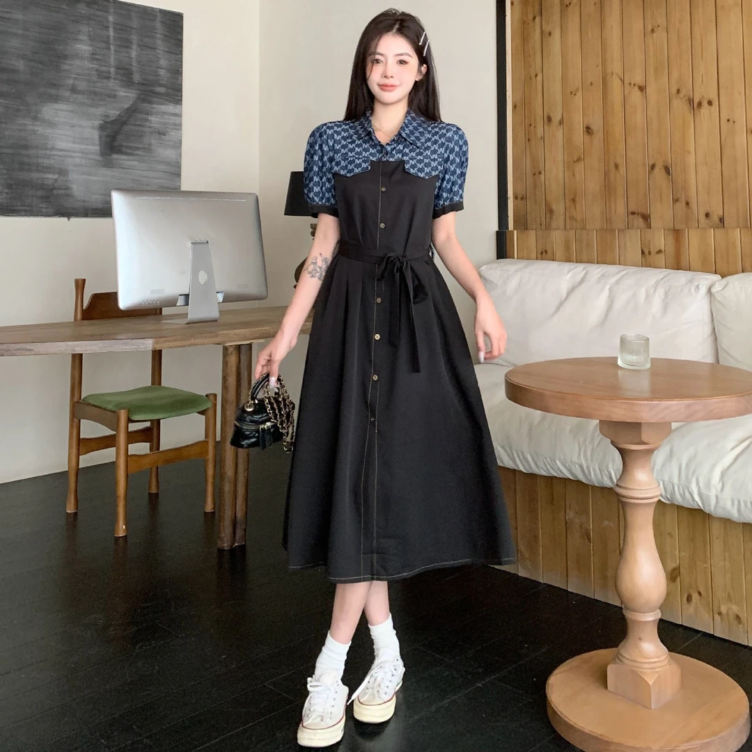 大码女装牛仔拼接衬衫连衣裙2025夏季新款收腰显瘦高级感法式长裙