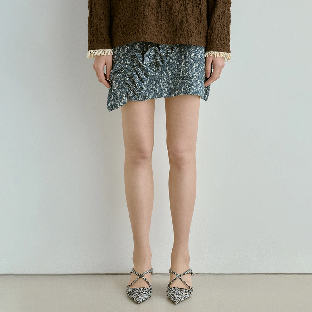 sagestudio 荷叶边装饰花藏蓝混纱系带毛织半裙