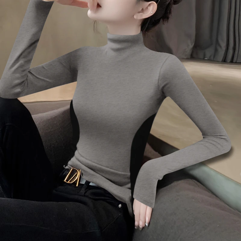 2025新款秋冬撞色半高领显瘦黑拼暗灰设计感打底衫内搭女t恤长袖