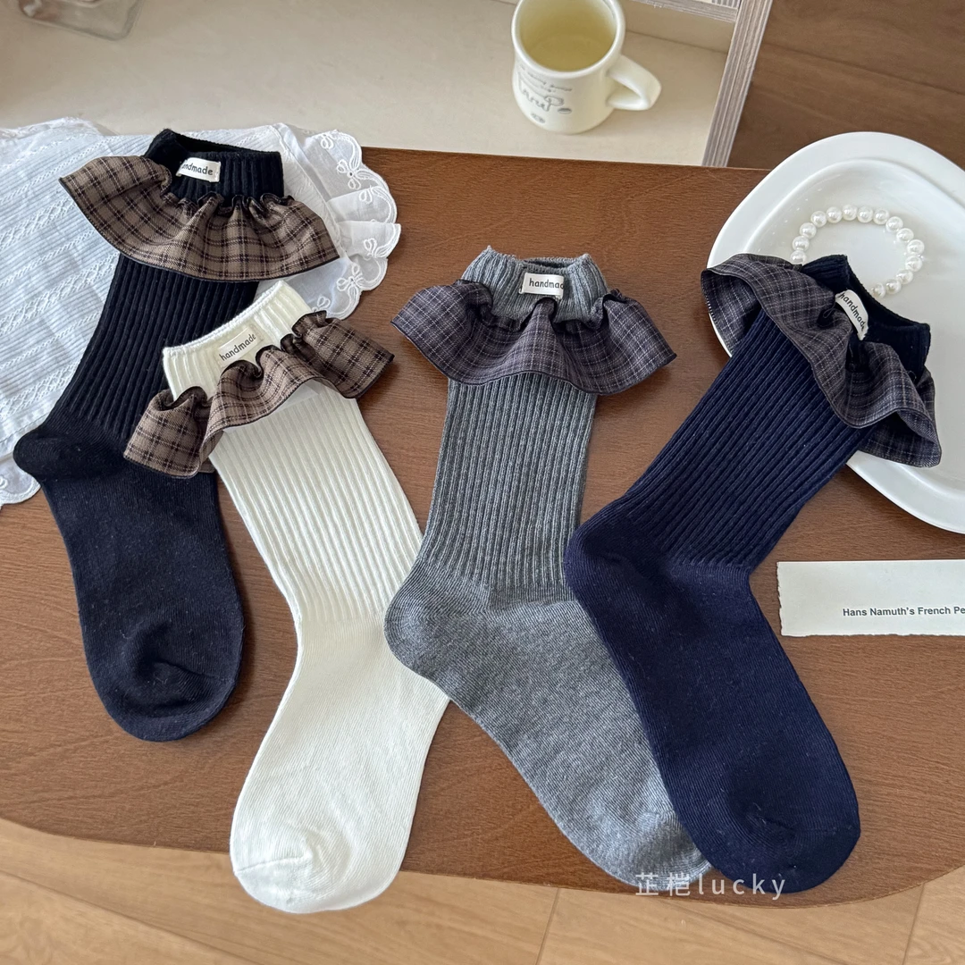 韩版ins风时尚百搭花边中筒堆堆袜潮流洋气设计感棉袜精致穿搭