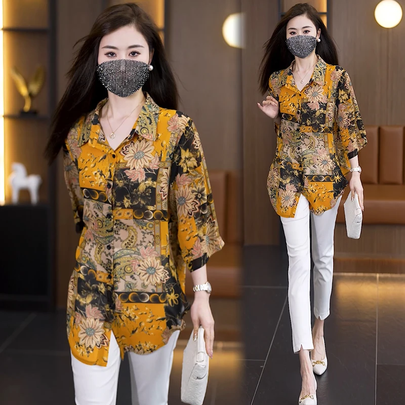 女士花衬衣2025夏季大码洋气宽松中长款衬衫女复古印花防晒开衫薄