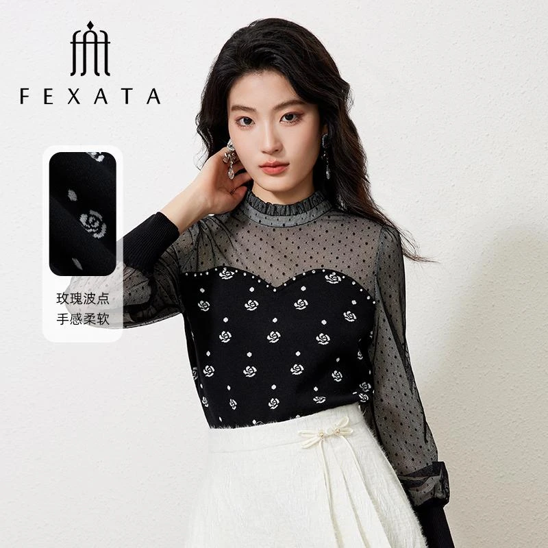 FEXATA斐格思2025冬新品气质立领设计感网纱拼接玫瑰花毛针织衫女