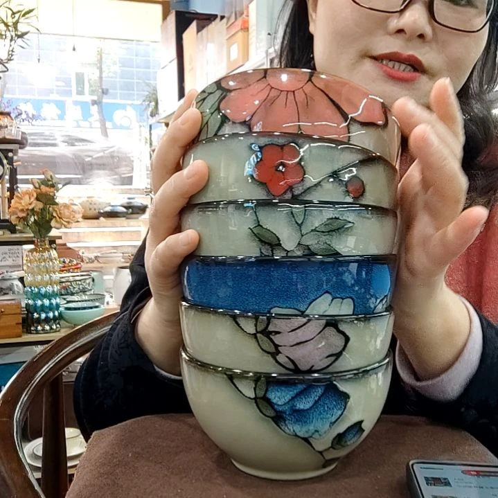 瓷片小可陶瓷高温釉下彩一组六只米饭碗