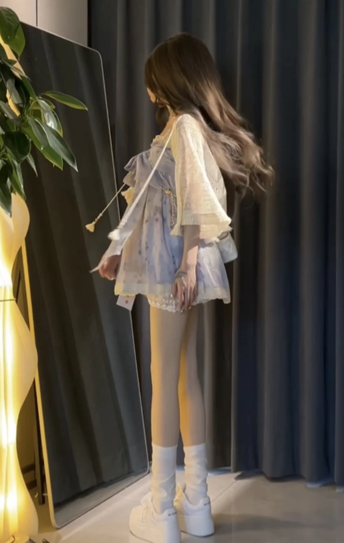 鸢尾来信古着紫色碎花蕾丝度假吊带裙女小披肩套装蕾丝裙裤三件套