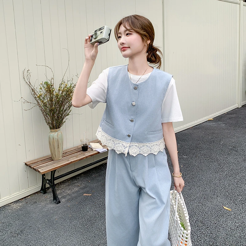 韩系蕾丝拼接马甲套装女夏季2025新款超好看洋气减龄阔腿裤三件套