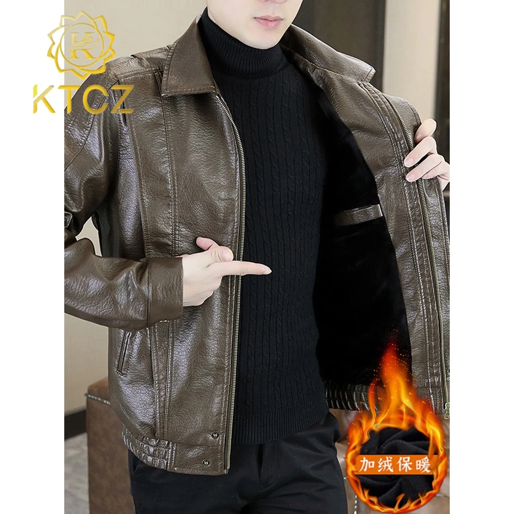 KTCZ冬季加绒加厚皮夹克男士潮牌痞帅休闲保暖冬装软皮衣机车外套