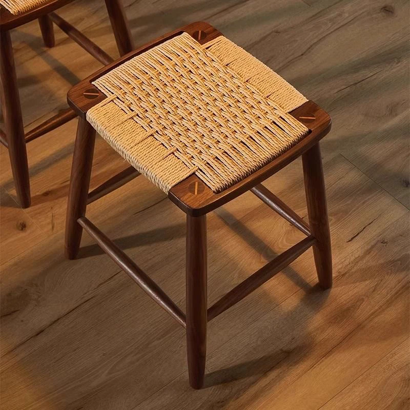 黑胡桃木编织方凳