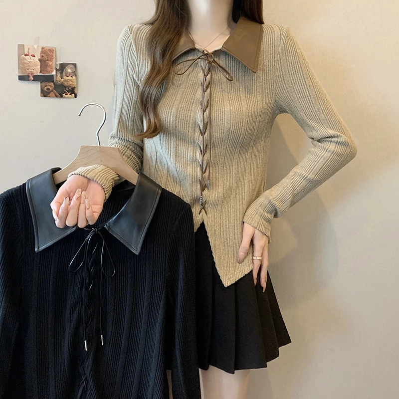 2025秋季新款胖mm大码女美拉德复古拼接绑带别致针织上衣20634
