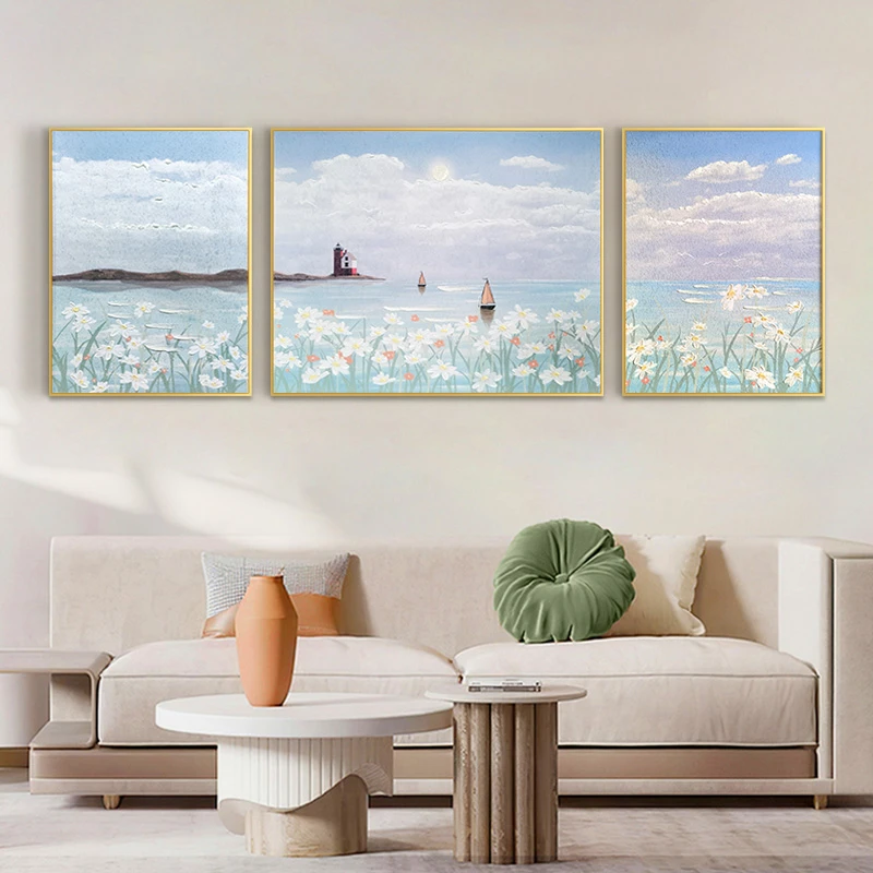 简约风客厅装饰画温馨花海奶油风沙发背景墙装饰画三联海80220