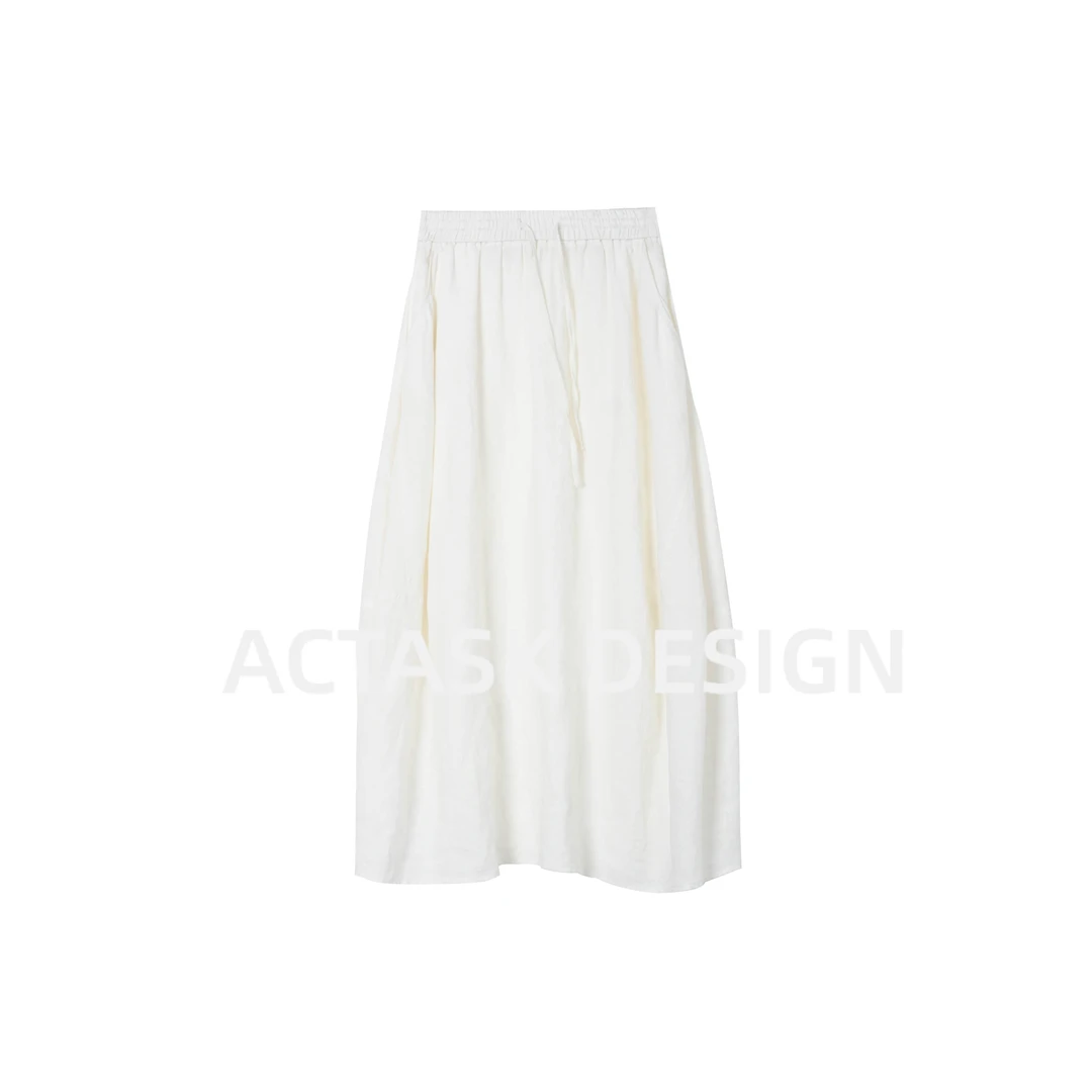 【ACTASK品牌】100%亚麻半身裙A字版松紧腰显瘦文艺风花苞裙宽松