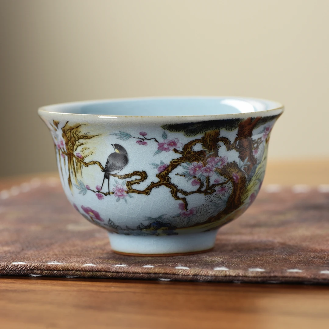 天青花鸟压手杯汝窑陶瓷开片主人杯100毫升茶杯