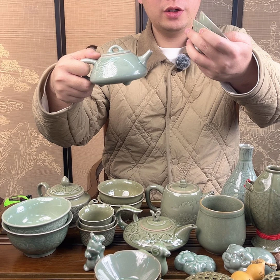 耀州窑竹叶茶壶一壶两杯