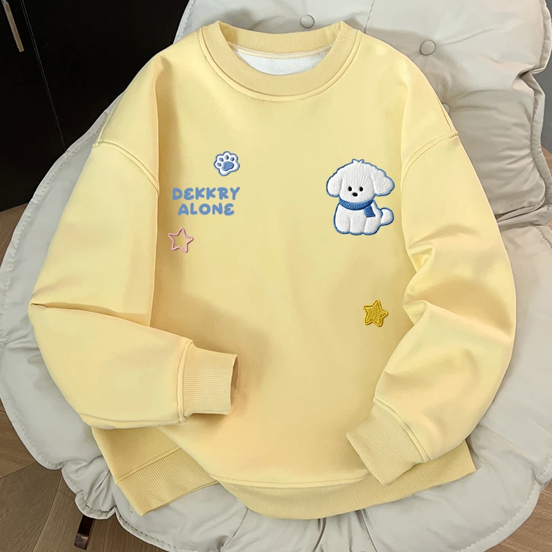 美式个性可爱小狗印花圆领卫衣秋冬季男女奶黄色百搭休闲宽松上衣