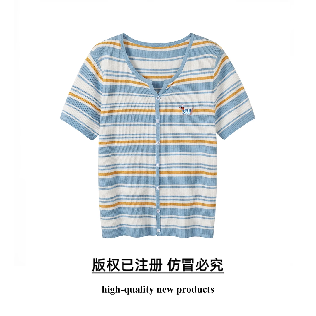 奢姿大码女装2025夏季趣味小狗图案装饰条纹针织衫胖妹妹时尚上衣
