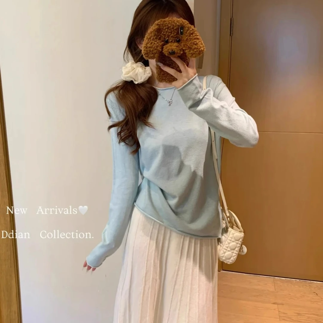 2025秋冬韩版百搭宽松纯色基础内搭打底长袖圆领针织衫上衣