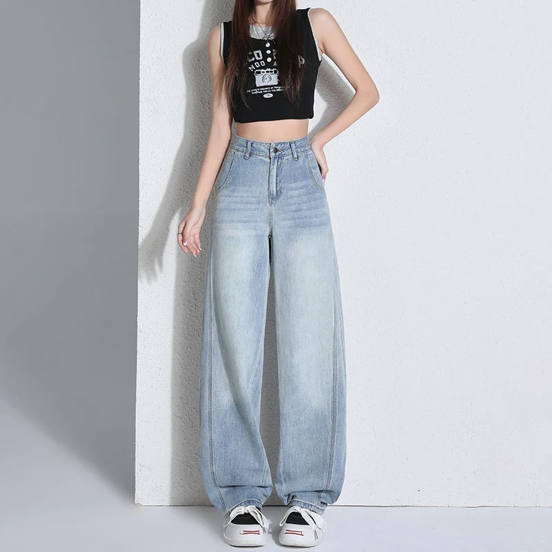 浅蓝色阔腿牛仔裤女夏季新款小个子高腰显瘦宽松窄版弯刀裤子百搭