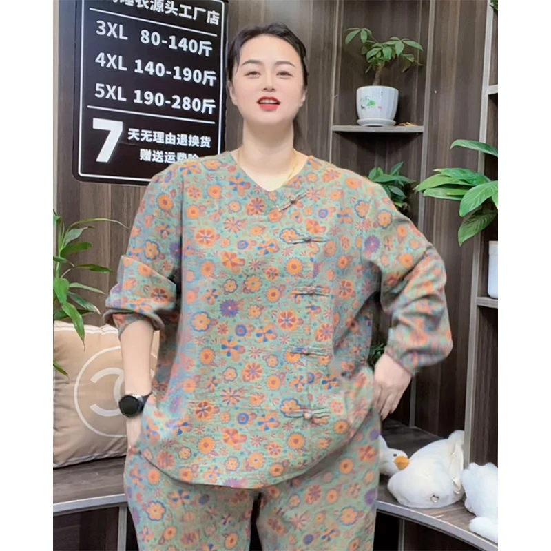 秋季新款中国风睡衣大码纯棉薄棉家居服女款棉纱睡衣胖mm长袖长裤