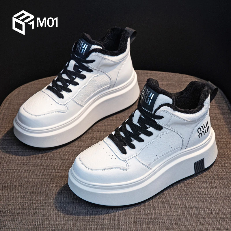 M01加绒小白鞋女2025新款冬季百搭爆款休闲运动松糕厚底高帮板鞋