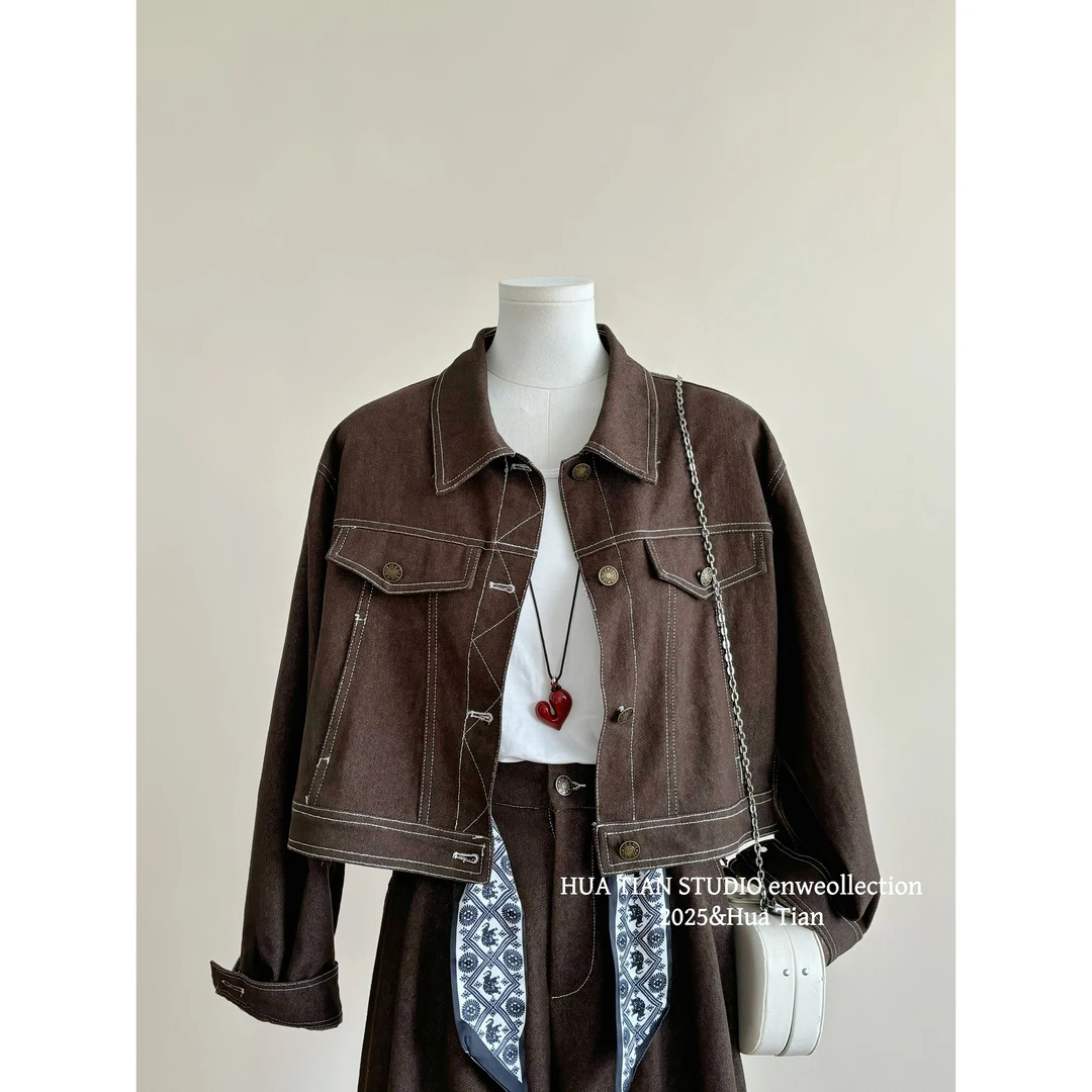 秋季时尚休闲复古宽松牛仔短外套女高腰显瘦阔腿裤套装配丝巾上衣