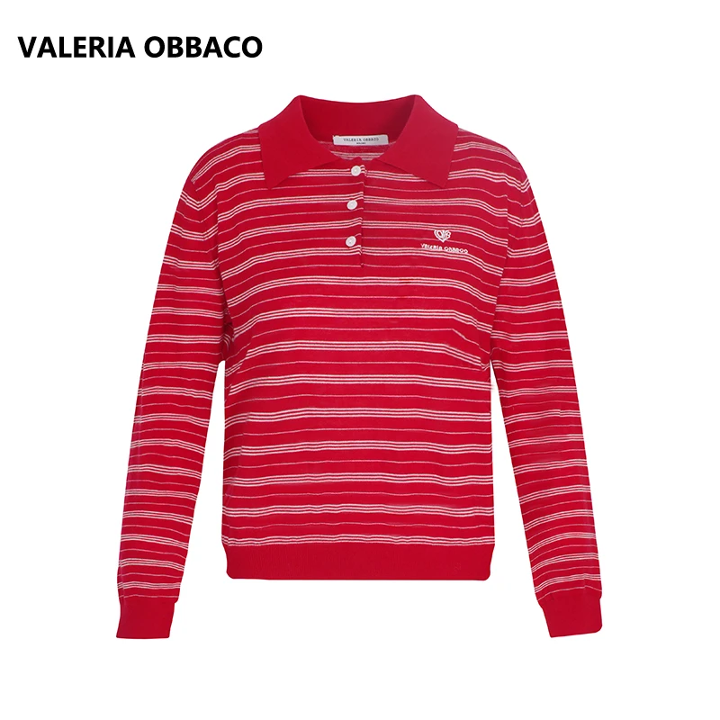 VALERIAOBBACO/瓦莱丽娅 奥贝科VO红白/藏青条纹翻领polo衫