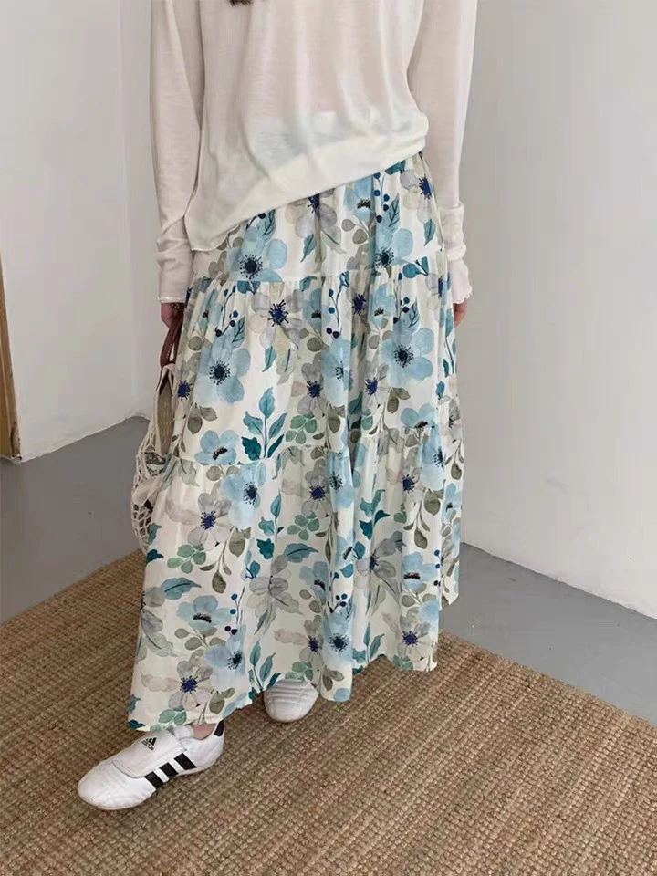 韩系文艺风水墨蓝出游碎花裙新款小个子高腰a字大摆中长款半身裙