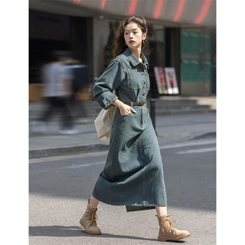 春秋季新款设计收腰显瘦法式长裙子复古牛仔裙气质时尚牛仔连衣裙