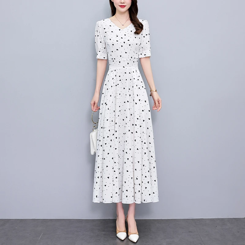 仿真丝连衣裙女长款2025夏季新款缎面大码胖mm收腰显瘦过膝长裙子