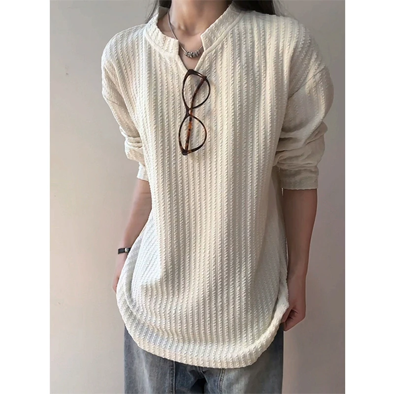 亨利领肌理感长袖t恤男美式设计感V领条纹上衣cleanfit内搭打底衫
