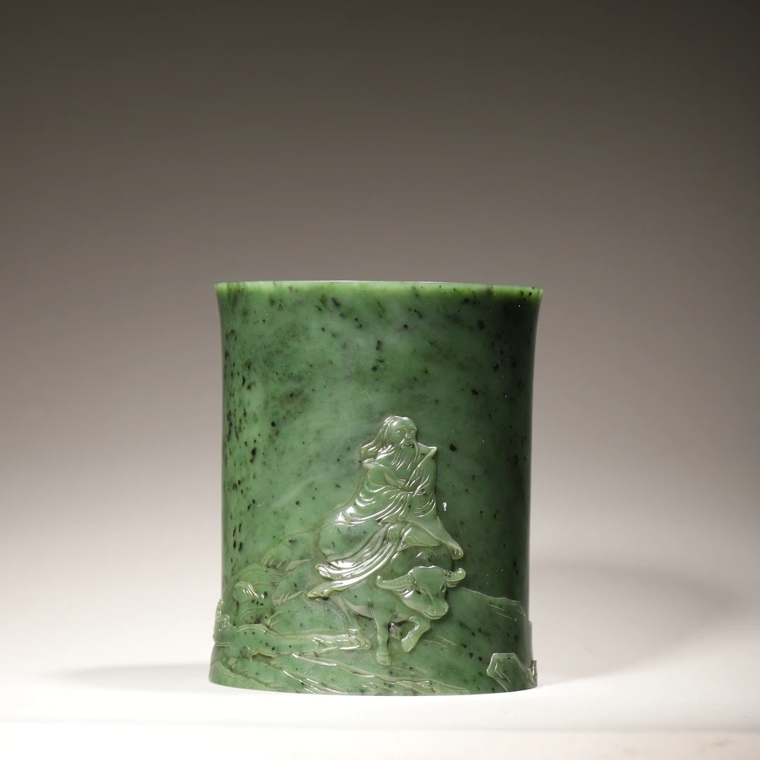 Lot23 创汇期 和田碧玉老子出关纹笔筒