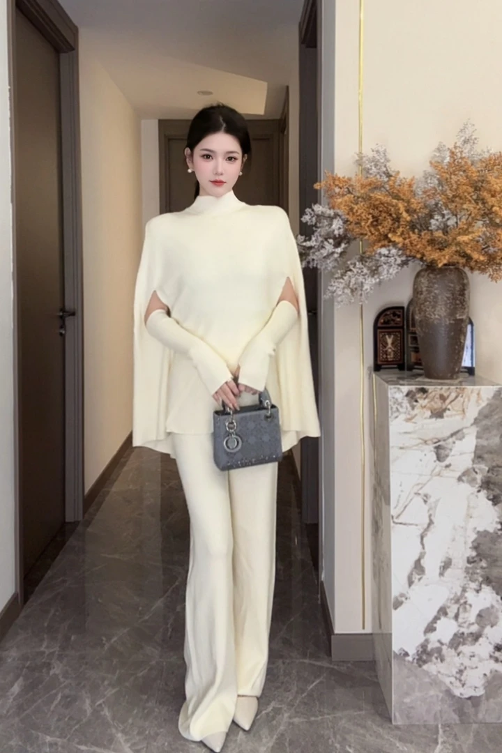秋冬时尚设计感高端欧货高级感慵懒风蝙蝠衫上衣+袖套+直筒裤三件