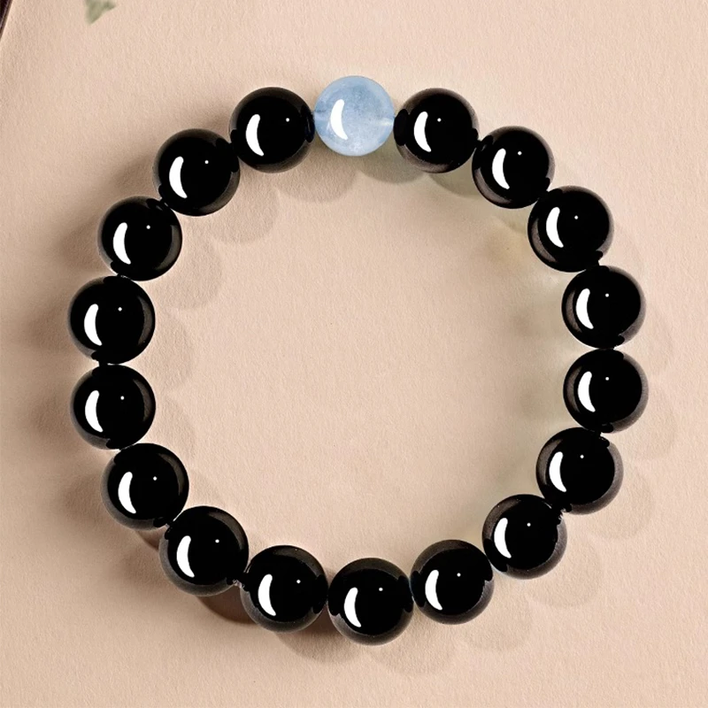 天然黑曜石海蓝宝手串黑曜岩手链男女轻奢礼物送对象礼盒包装