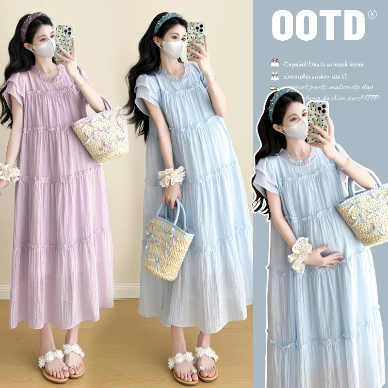 2025孕妇装夏装夏季孕妇装气质温柔飞飞袖蛋糕裙连衣裙洋气