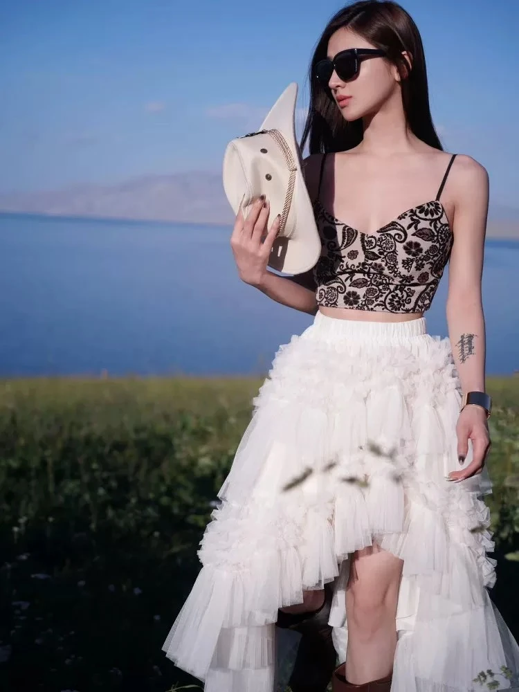 绝美重工荷叶边网纱蓬蓬半身裙设计感斜边层次感不规则蛋糕裙长裙
