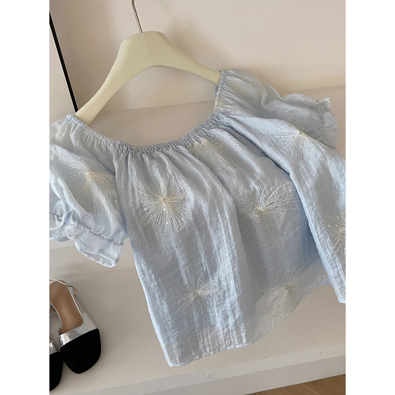 韩系新款减龄甜美泡泡袖小衫上衣潮一字肩刺绣短袖衬衫女夏季2025