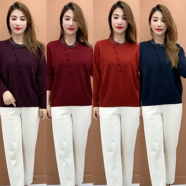 时尚气质妈妈装秋冬圆领纯针织衫中老年洋气宽松保暖打底上衣