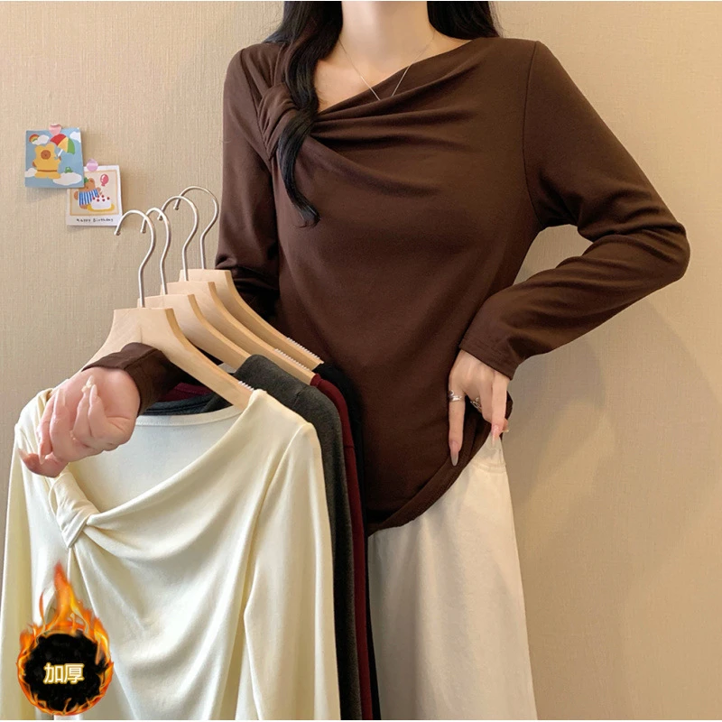 2024大码女装秋冬新款扭结不规则加厚保暖打底上衣秋季打底衫洋气
