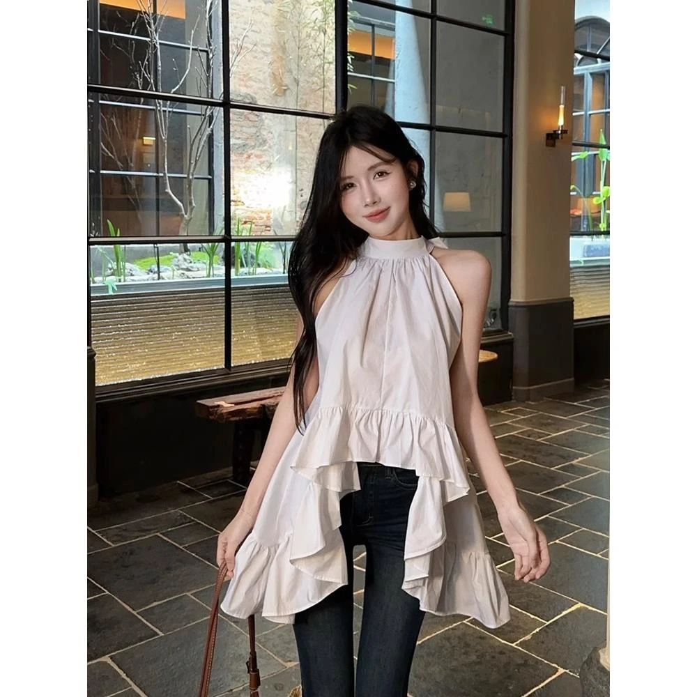 不规则荷叶边挂脖吊带背心女外穿夏季泰式辣妹无袖抹胸小上衣衬衫