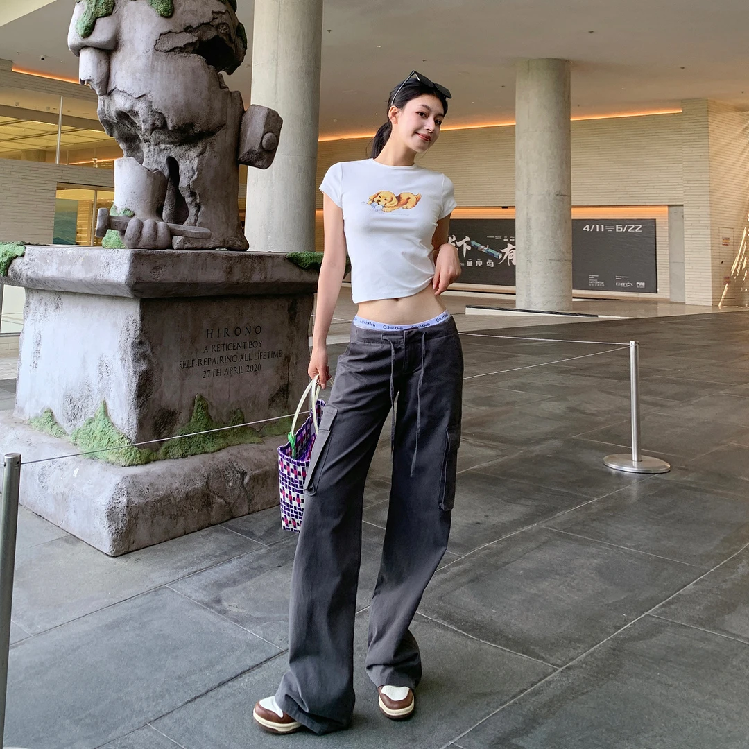 夏季时髦精美式机能纯棉低腰抽绳工装裤女25新款直筒显瘦休闲裤