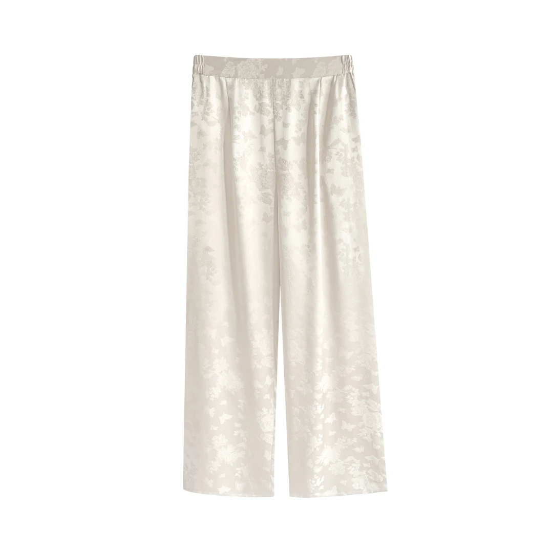 100桑蚕丝中国风阔腿裤高腰宽松提花长裤休闲裤蝶恋花花罗直筒裤