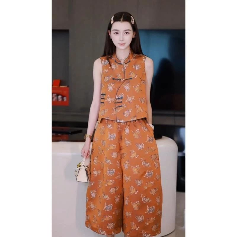 新中式国风洋气减龄穿搭小众独特别致橘色印花上衣套装裤2025夏装