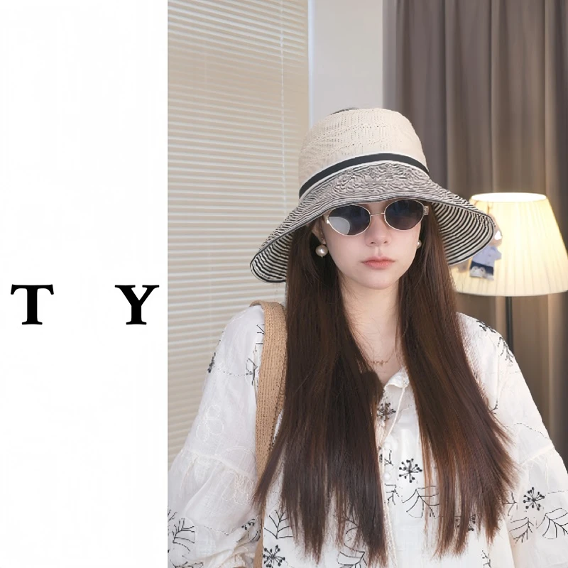 空顶条纹渔夫帽防晒女大帽檐防紫外线时尚条纹遮阳克折叠户外