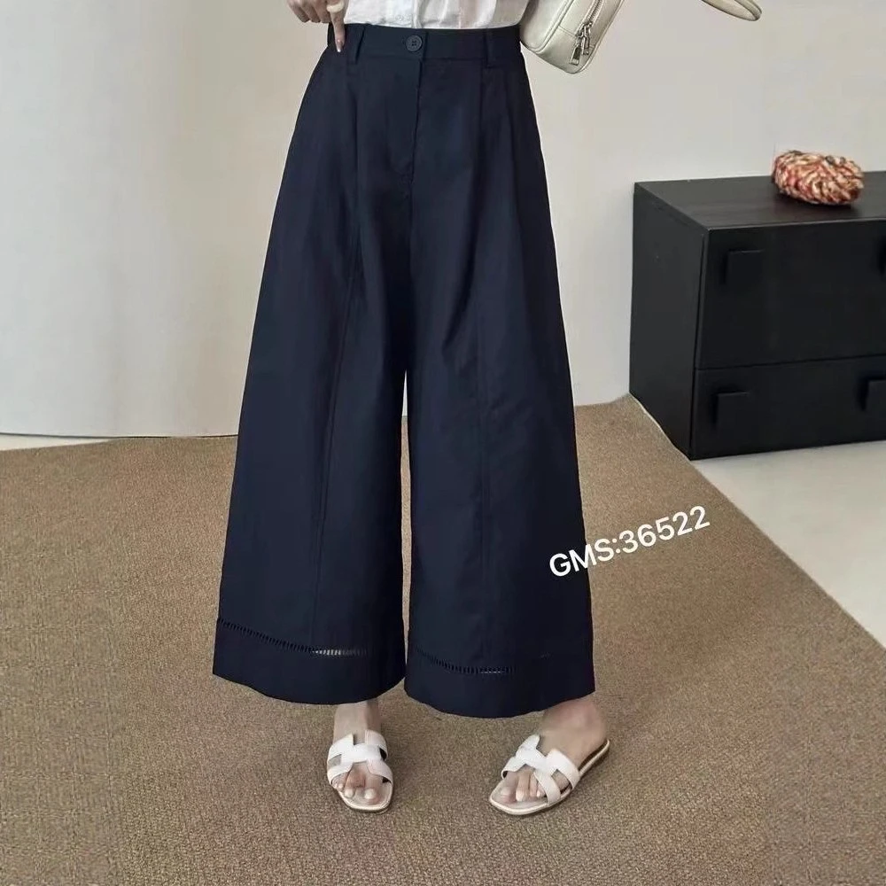 蜜柚家 夏款藏青蓝高腰显瘦九分直筒裤阔腿裤